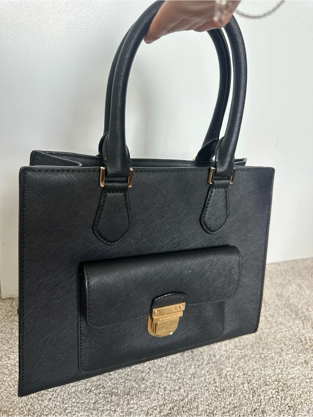 Michael Kors Black Saffiano Leather Top-Handle Satchel with Gold Hardware